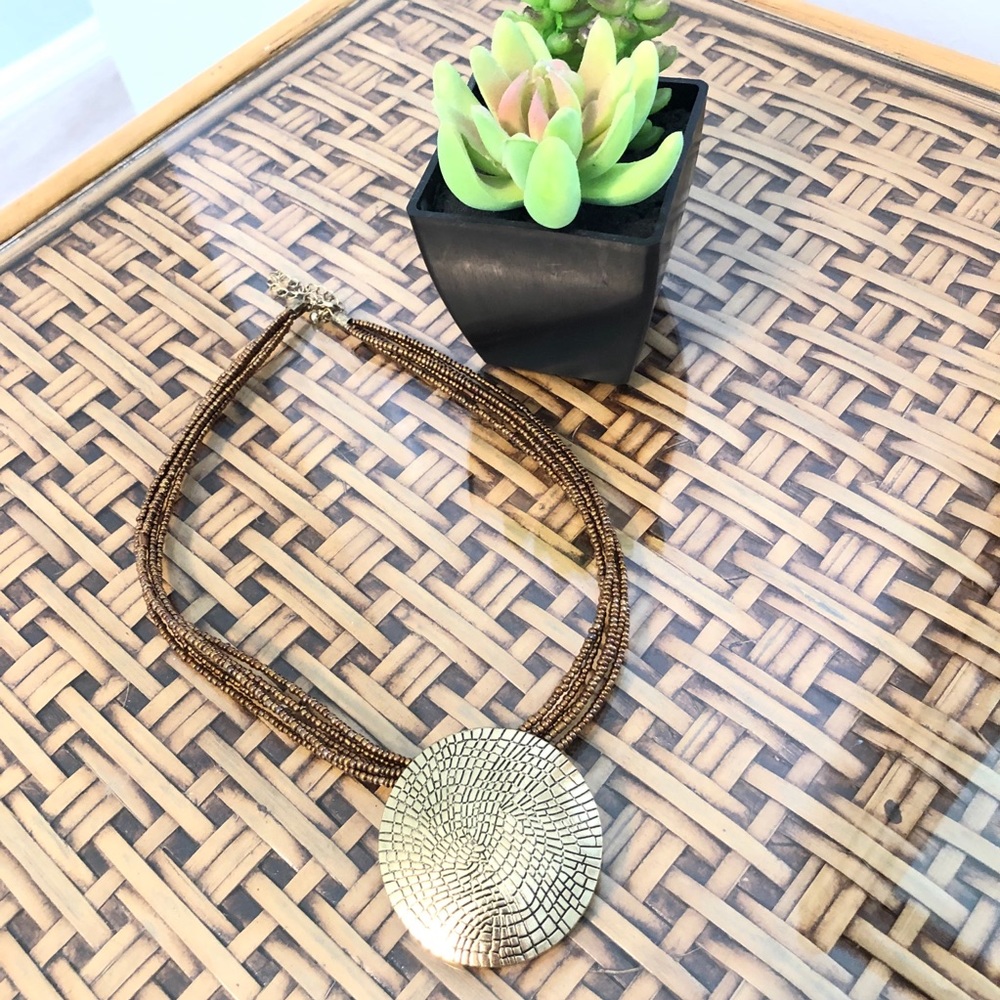 Bronz seeded Necklace with Round gold medallion